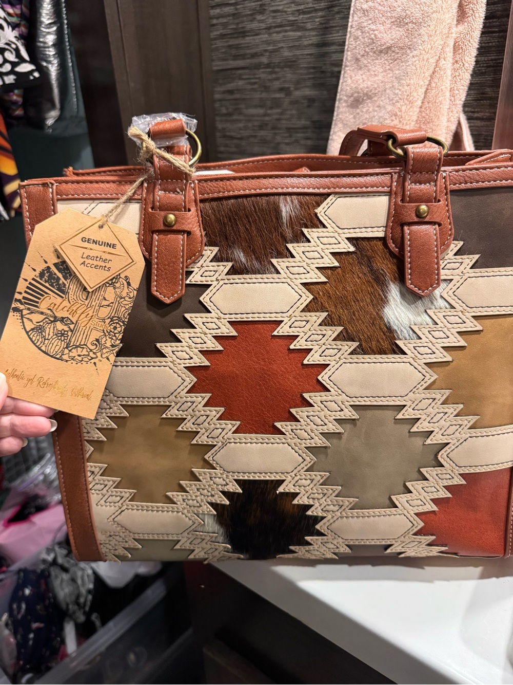 CATCHFLY Brown Multi-Pattern Tote Bag with Southwestern Design; NWT